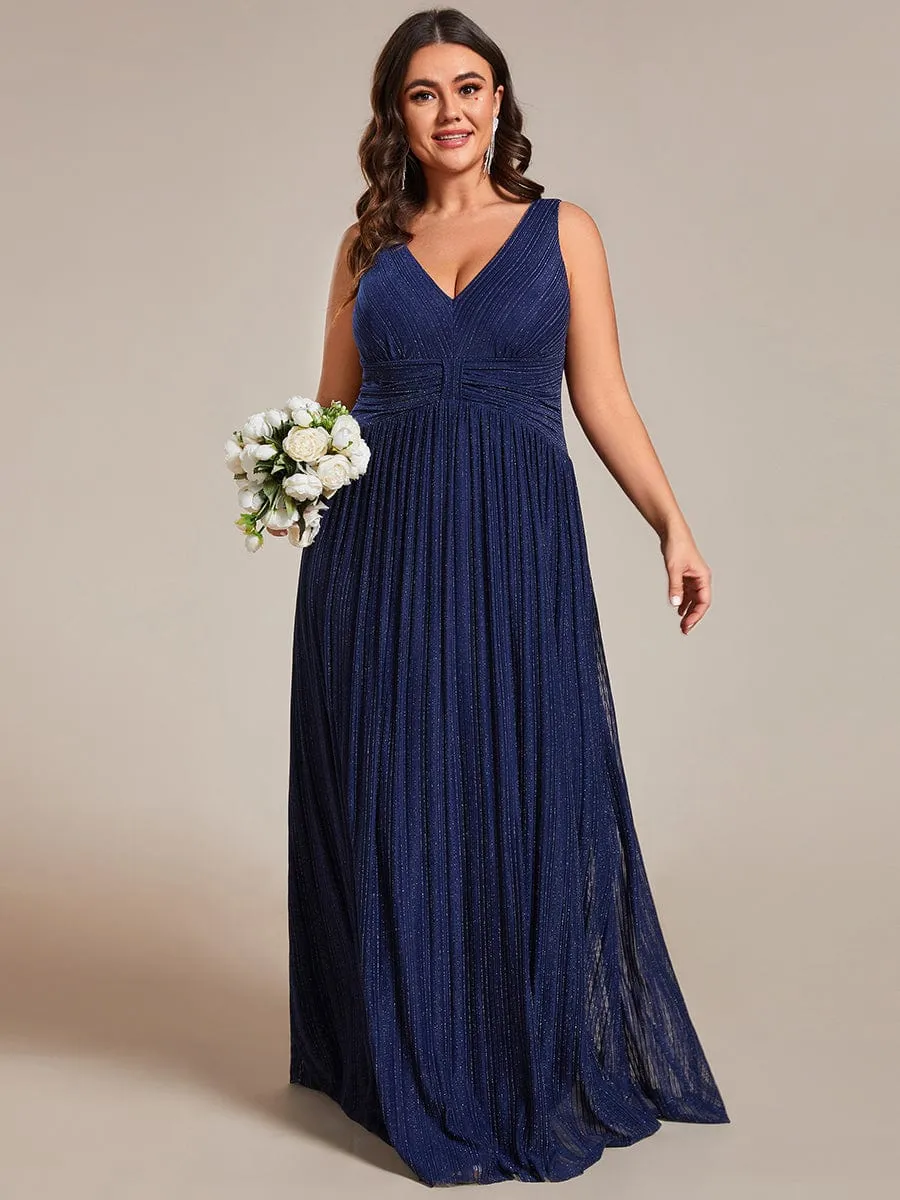 Plus Size Sleeveless V-Neck Pleated A-Line Formal Evening Dress