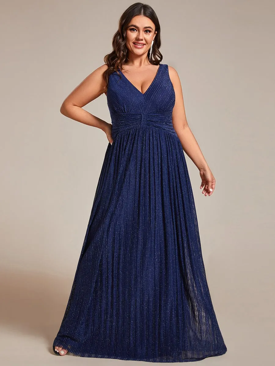 Plus Size Sleeveless V-Neck Pleated A-Line Formal Evening Dress