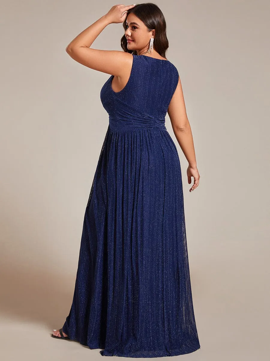 Plus Size Sleeveless V-Neck Pleated A-Line Formal Evening Dress