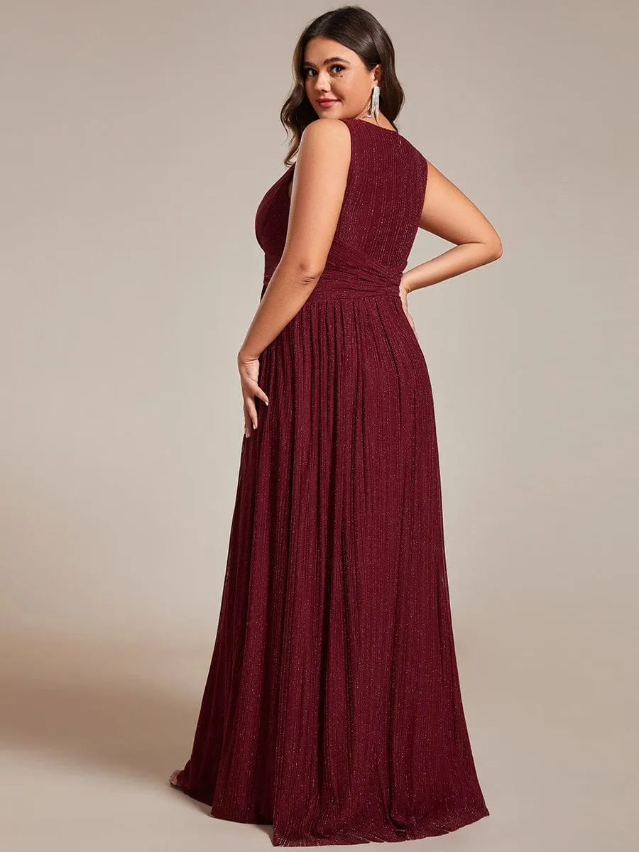 Plus Size Sleeveless V-Neck Pleated A-Line Formal Evening Dress