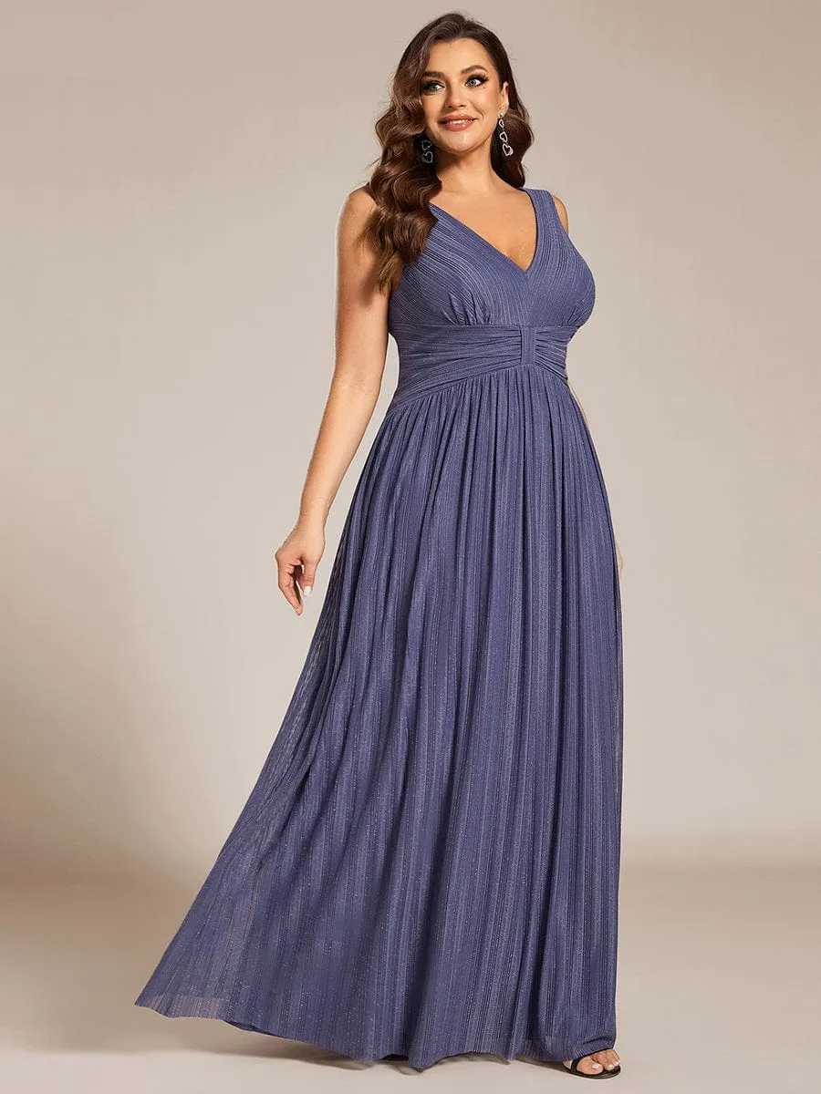 Plus Size Sleeveless V-Neck Pleated A-Line Formal Evening Dress