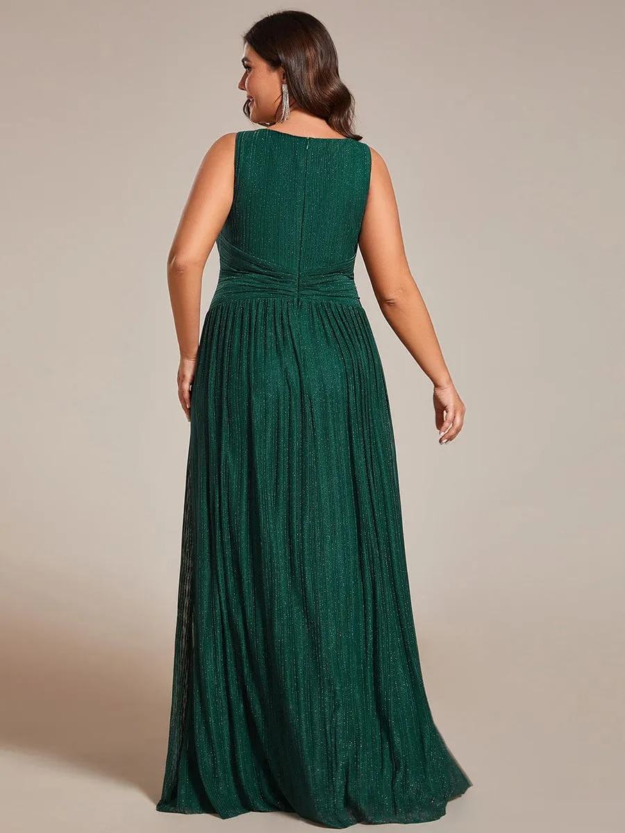 Plus Size Sleeveless V-Neck Pleated A-Line Formal Evening Dress