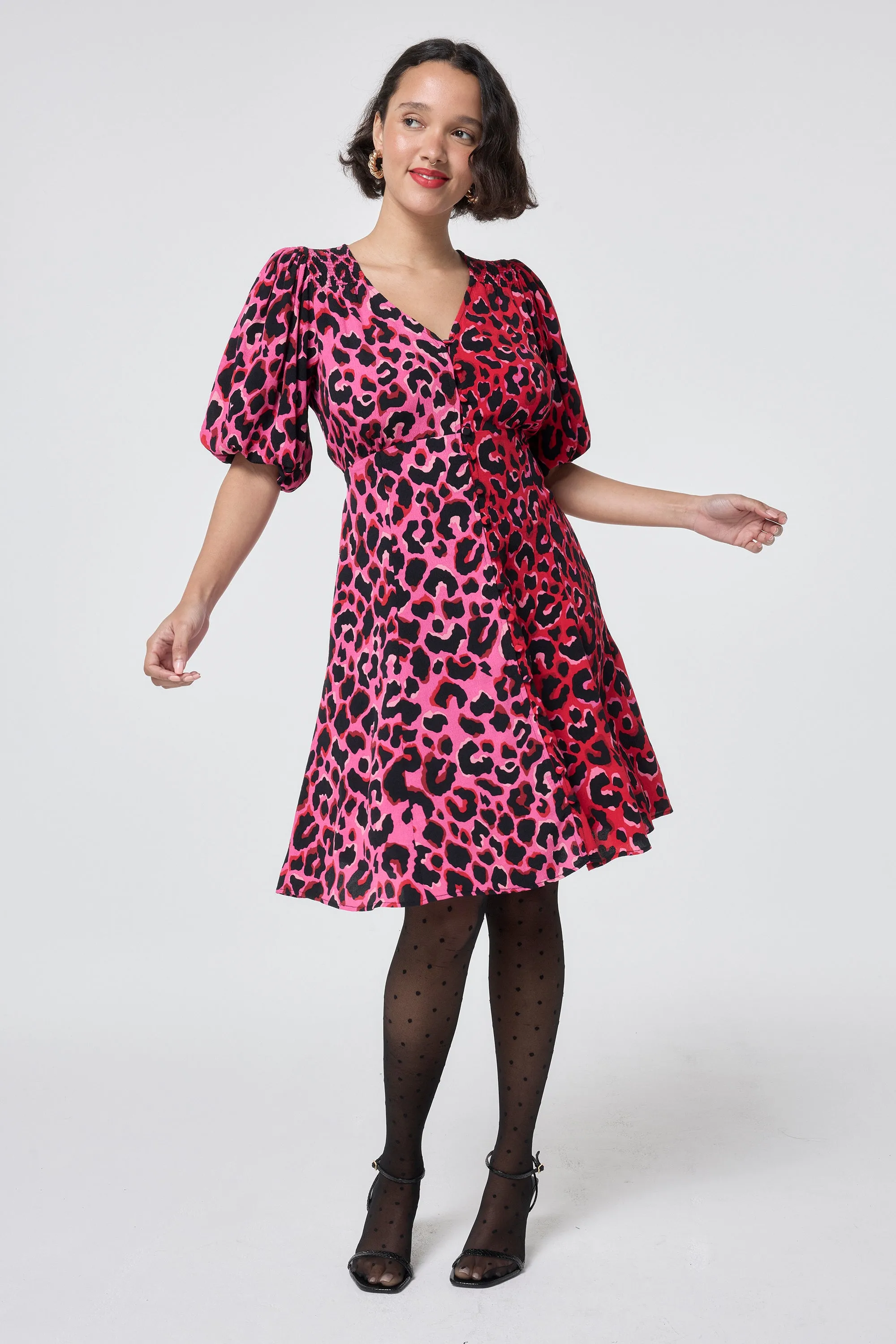 Red with Pink and Black Mix and Match Pop Leopard Puff Sleeve Short Tea Dress