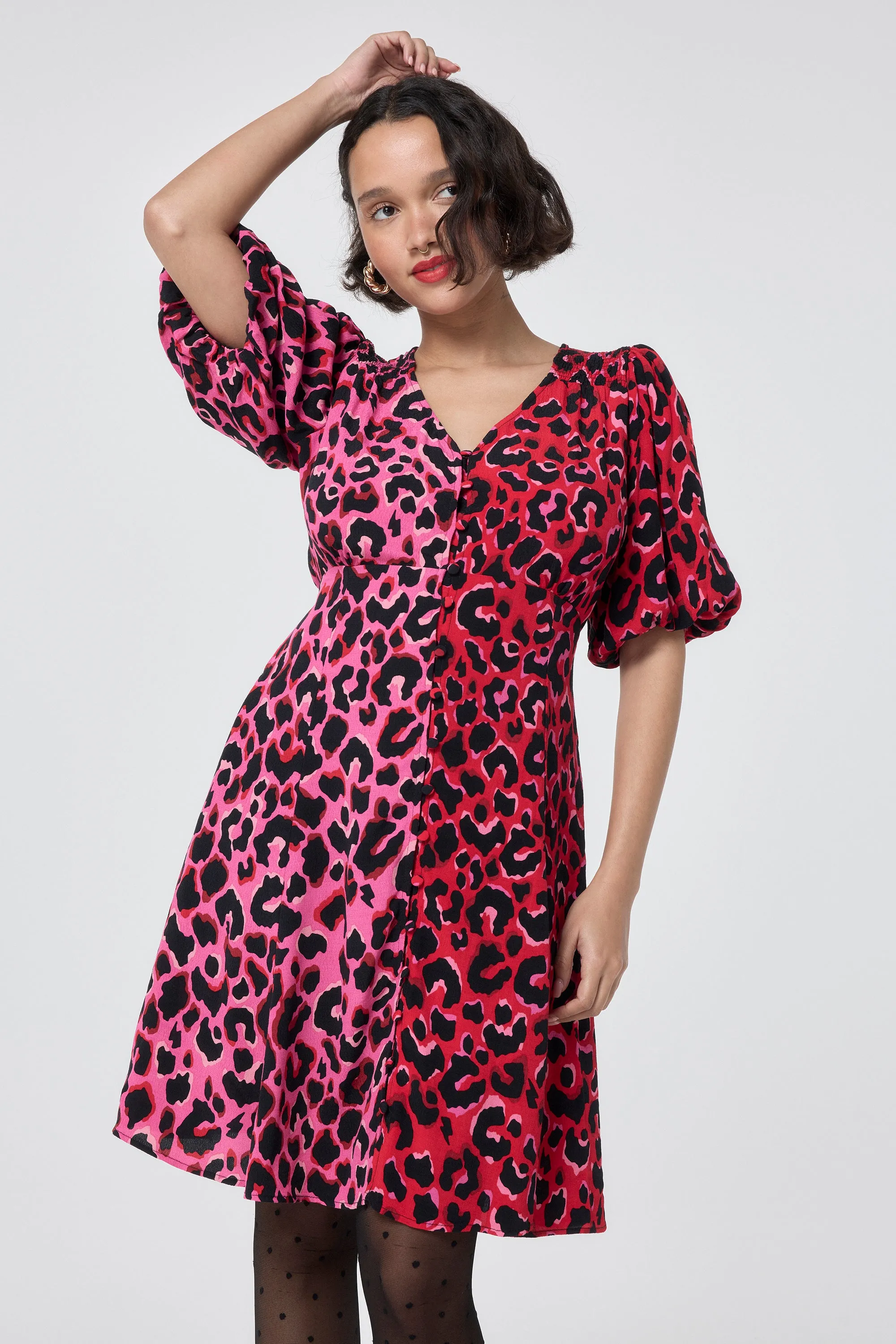 Red with Pink and Black Mix and Match Pop Leopard Puff Sleeve Short Tea Dress