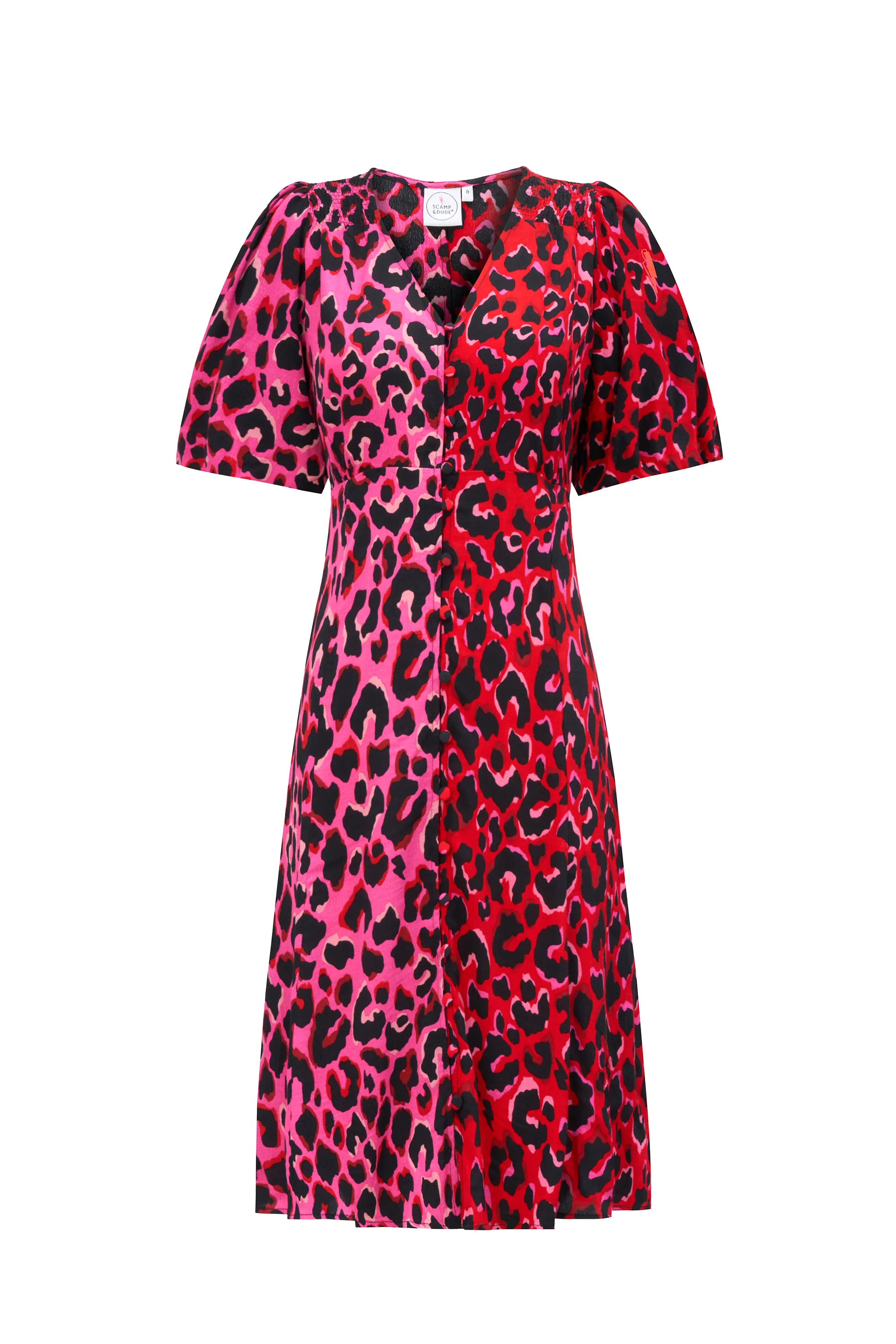 Red with Pink and Black Mix and Match Pop Leopard Puff Sleeve Short Tea Dress