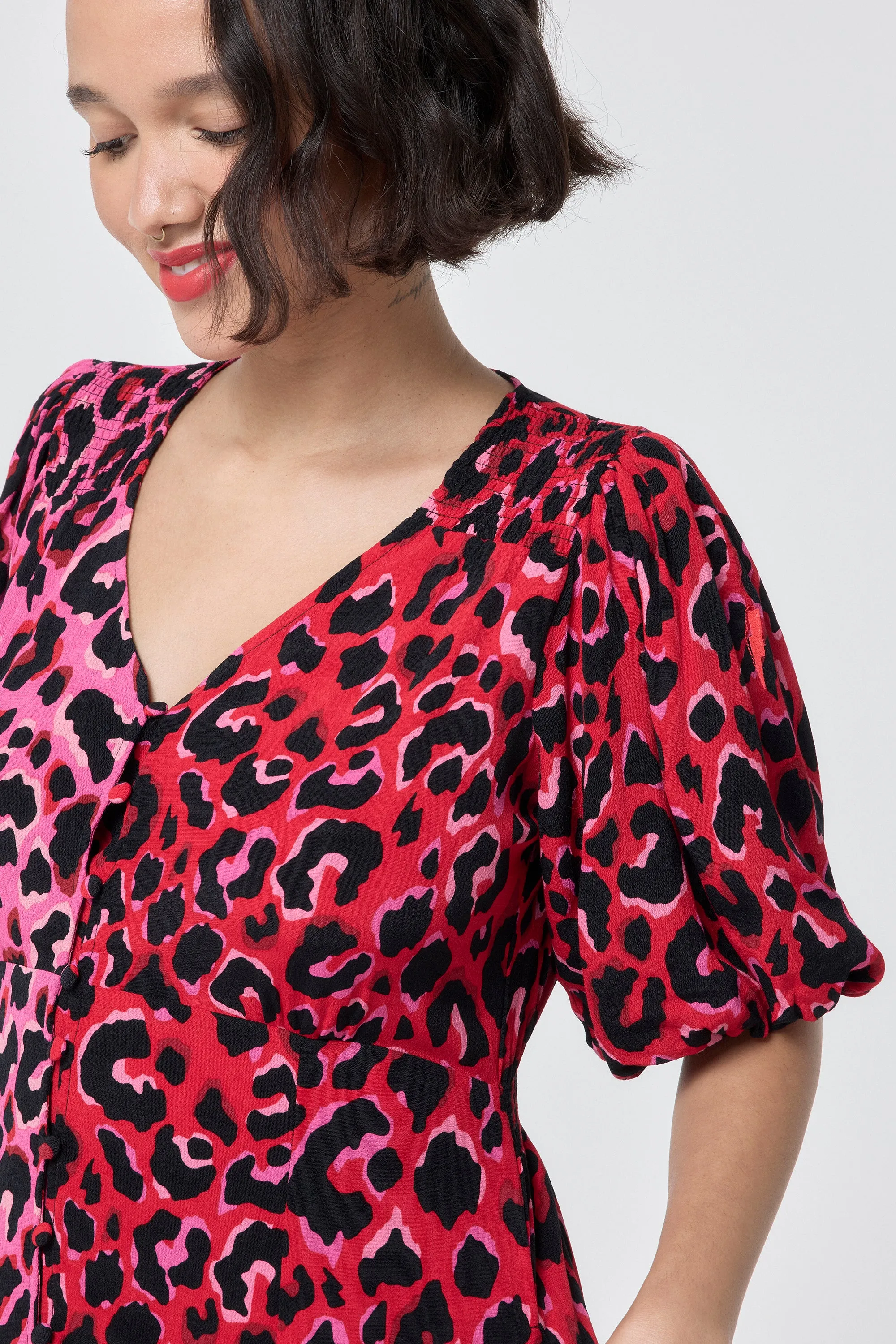 Red with Pink and Black Mix and Match Pop Leopard Puff Sleeve Short Tea Dress