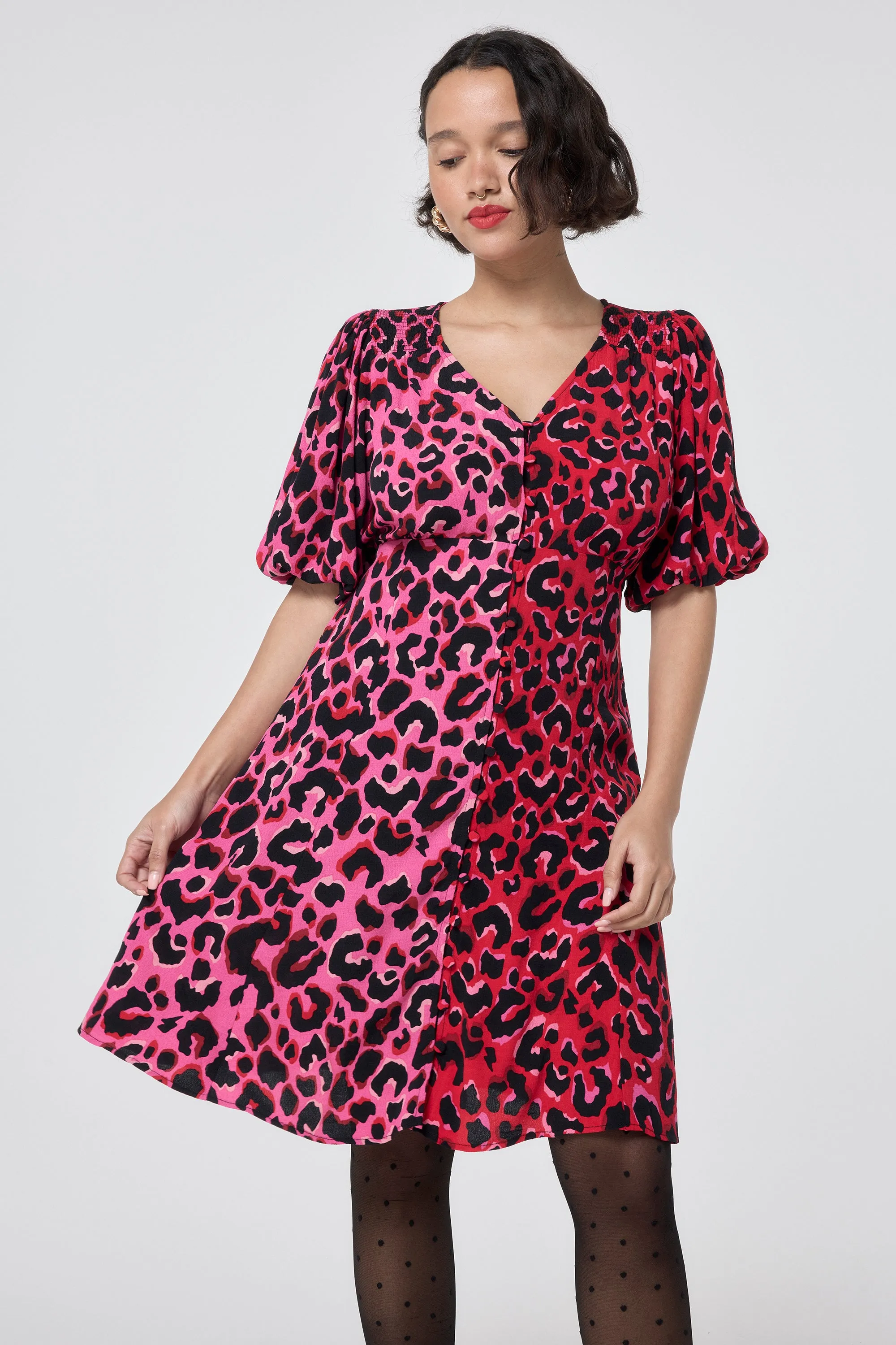 Red with Pink and Black Mix and Match Pop Leopard Puff Sleeve Short Tea Dress