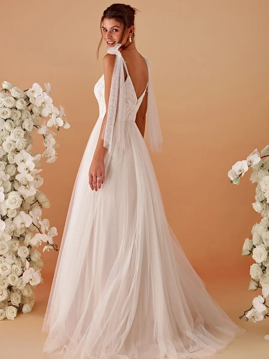 Romantic Lace and Tulle Tie-Shoulder Wedding Dress