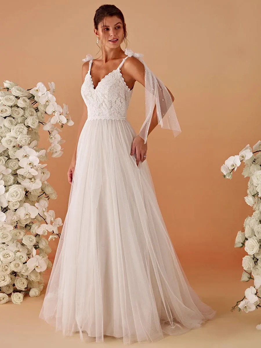 Romantic Lace and Tulle Tie-Shoulder Wedding Dress