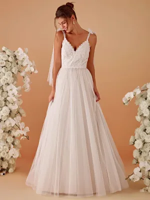 Romantic Lace and Tulle Tie-Shoulder Wedding Dress