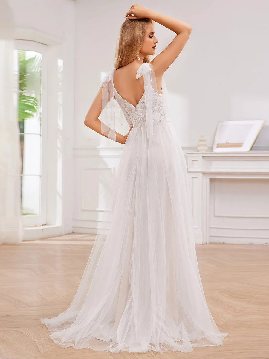 Romantic Lace and Tulle Tie-Shoulder Wedding Dress