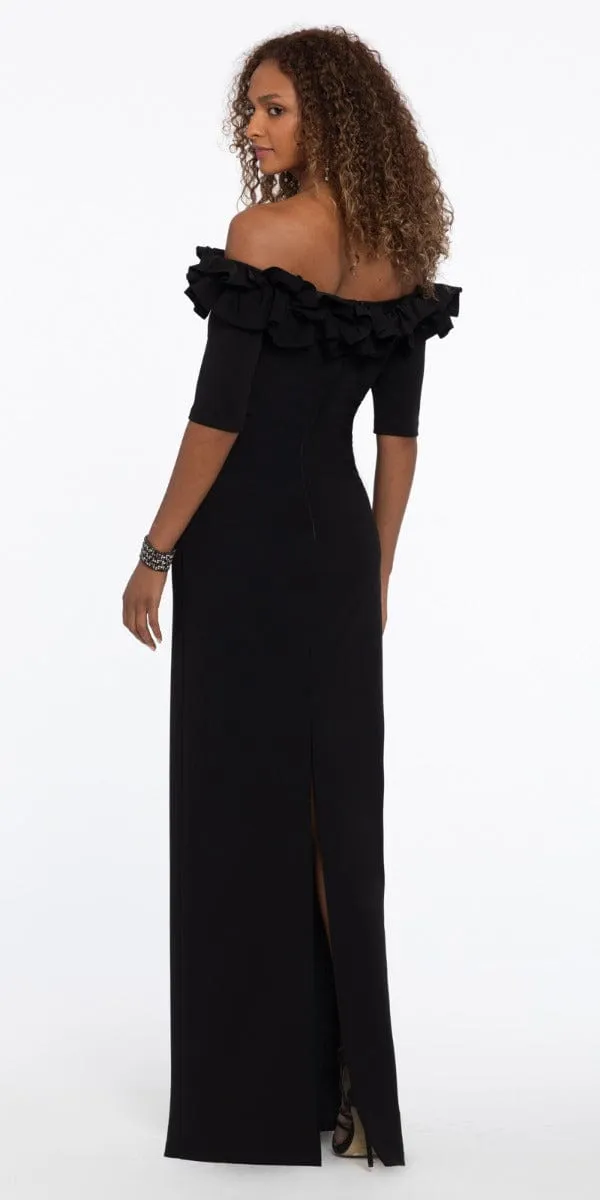 Ruffle Crepe Off the Shoulder Dress with Back Slit