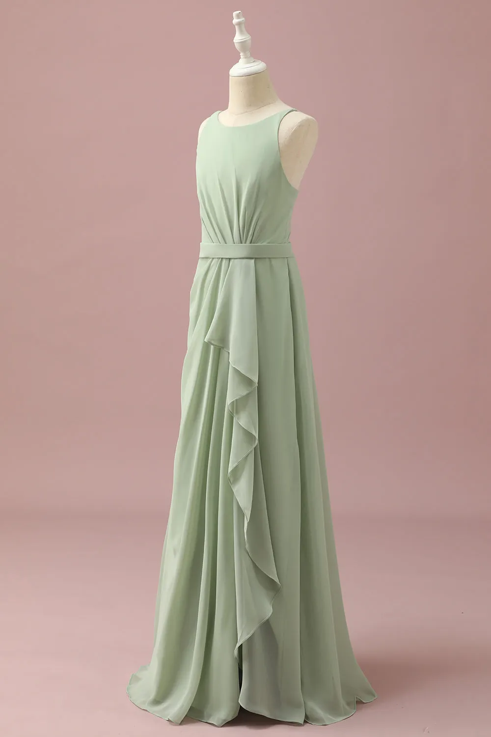 Sage Chiffon Round Neck Junior Bridesmaid Dress With Cascading Ruffles