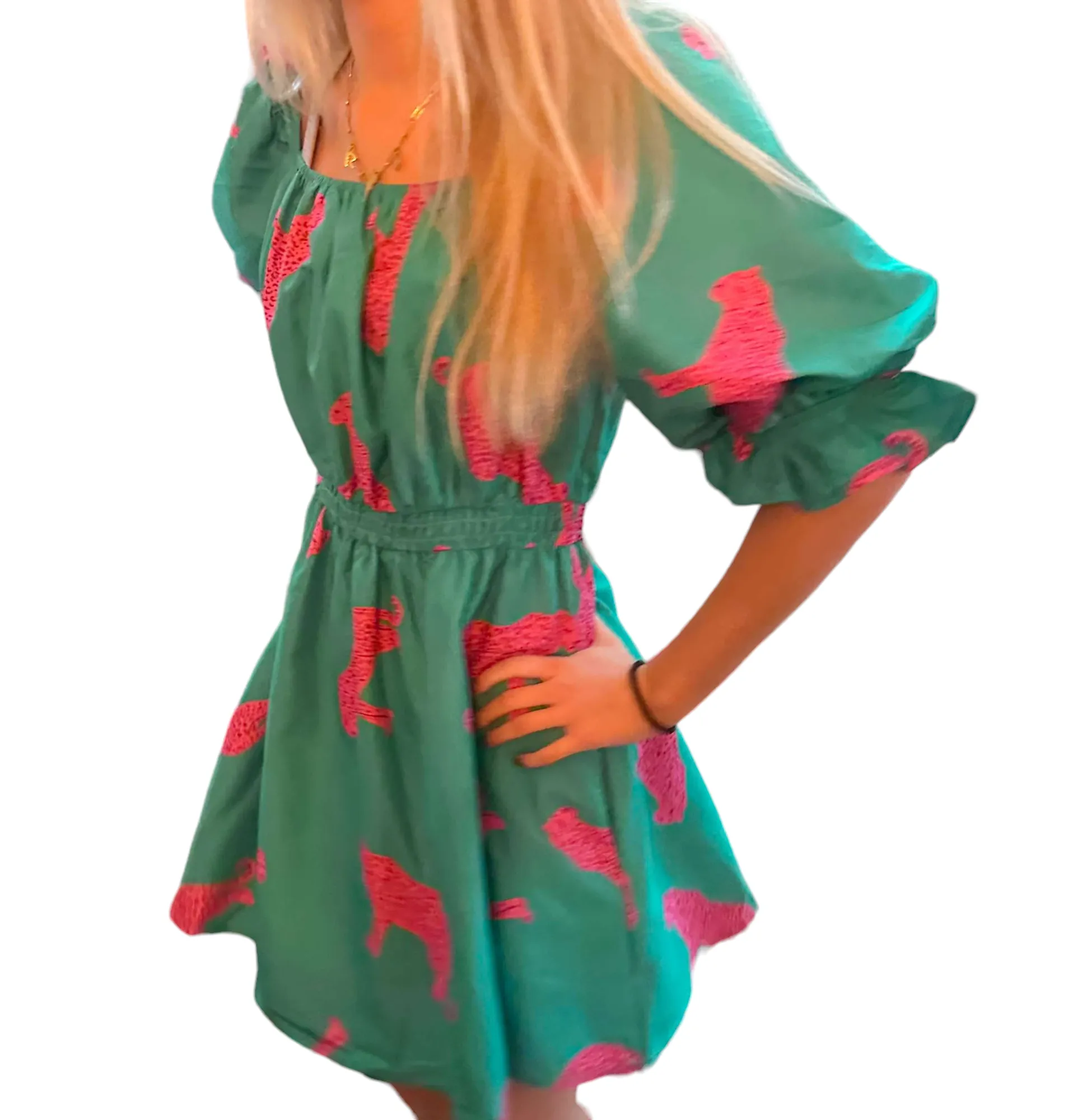 Savannah Chic: Pink & Green Cheetah Puff Sleeve Dress