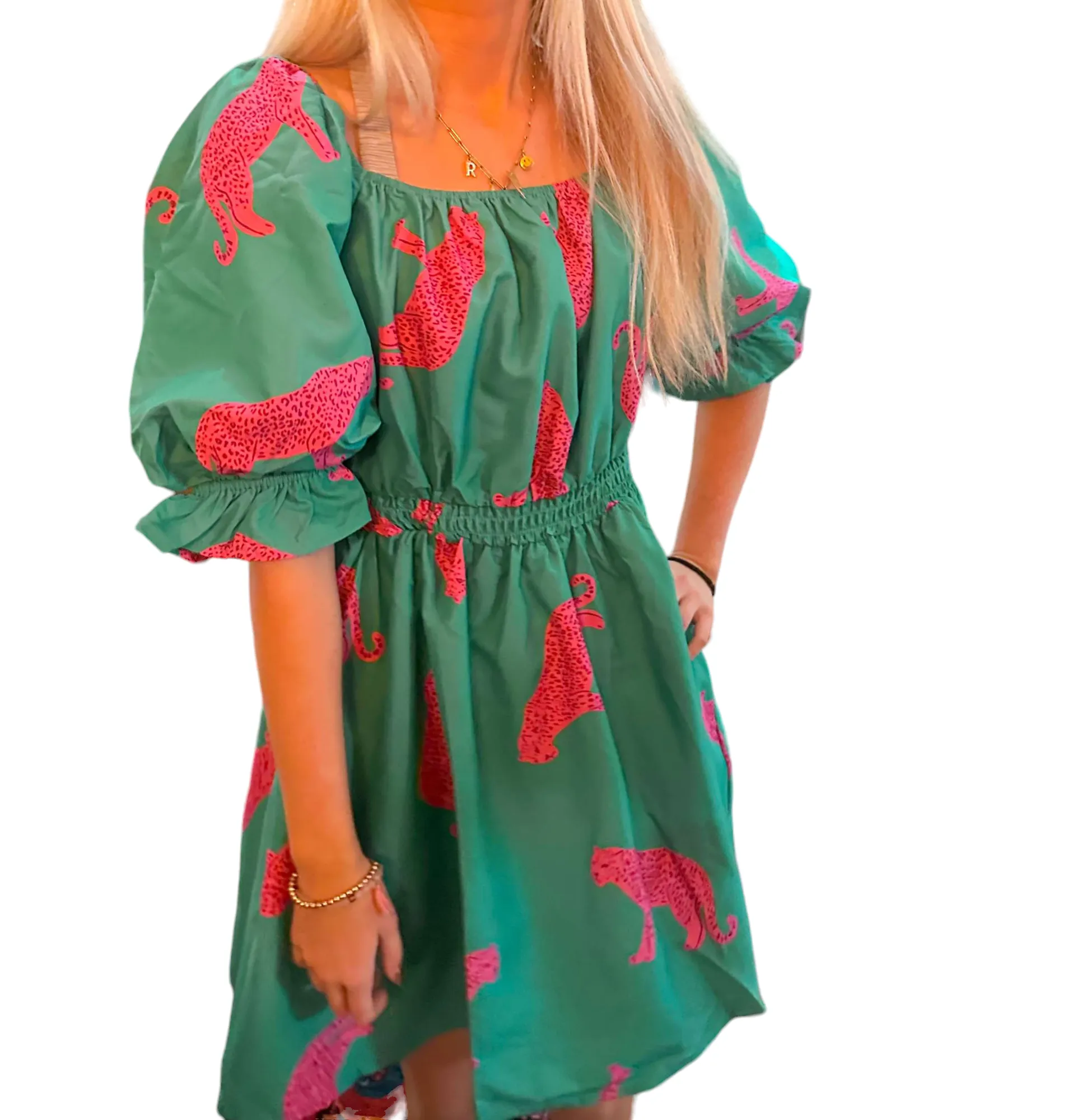 Savannah Chic: Pink & Green Cheetah Puff Sleeve Dress