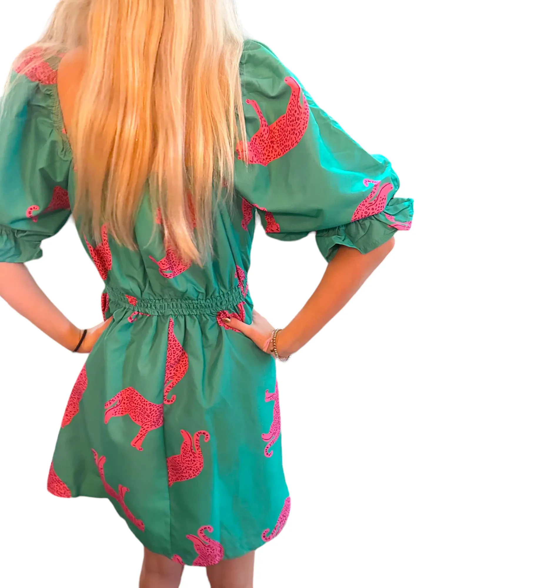 Savannah Chic: Pink & Green Cheetah Puff Sleeve Dress