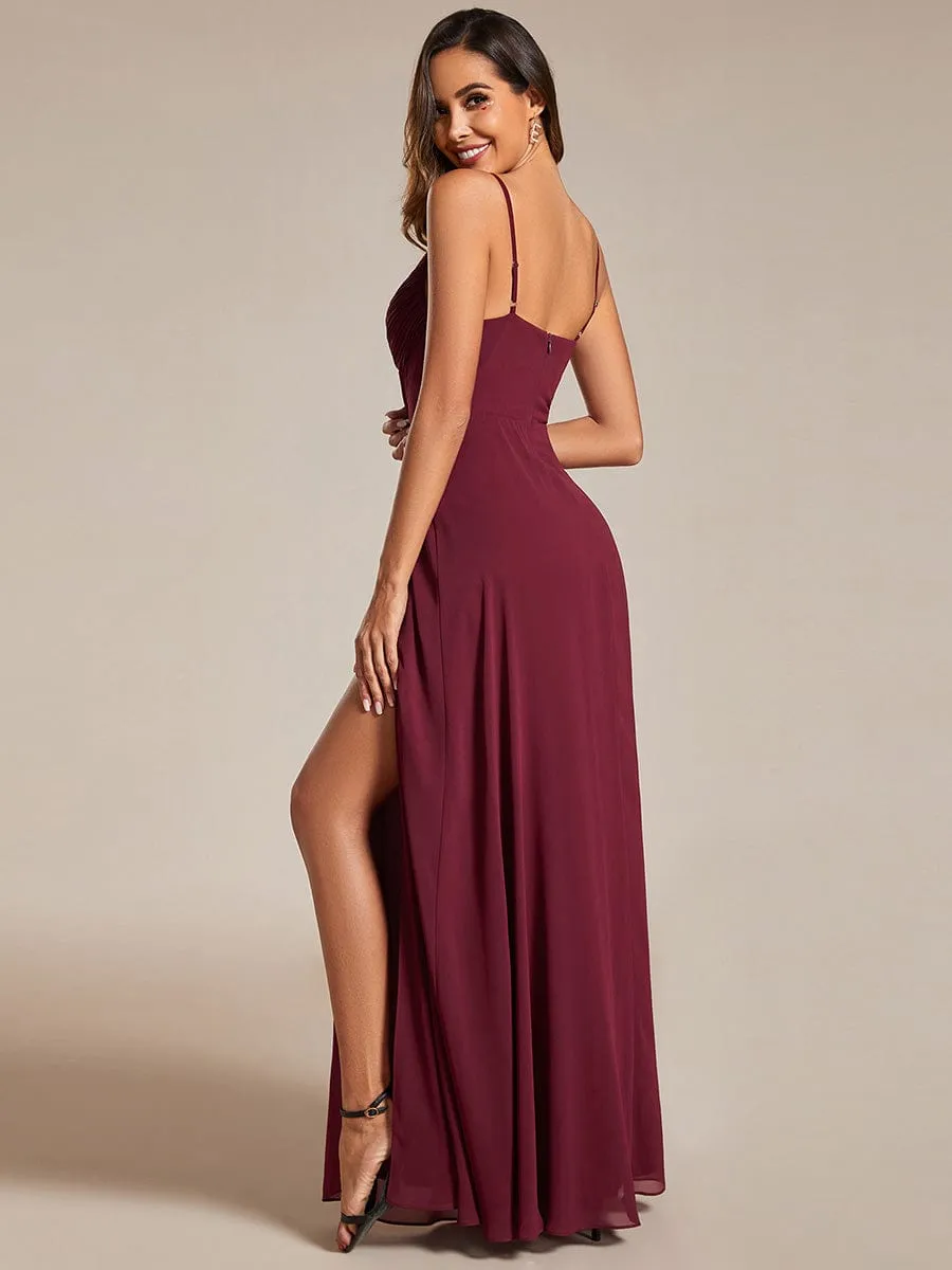 Spaghetti Strap V-Neck Chiffon Bridesmaid Dress with High Slit