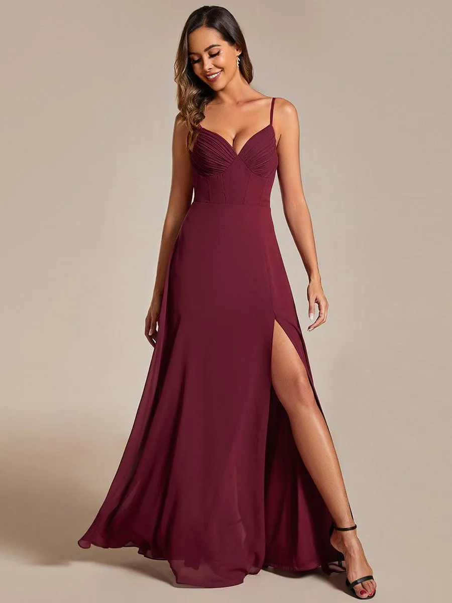 Spaghetti Strap V-Neck Chiffon Bridesmaid Dress with High Slit