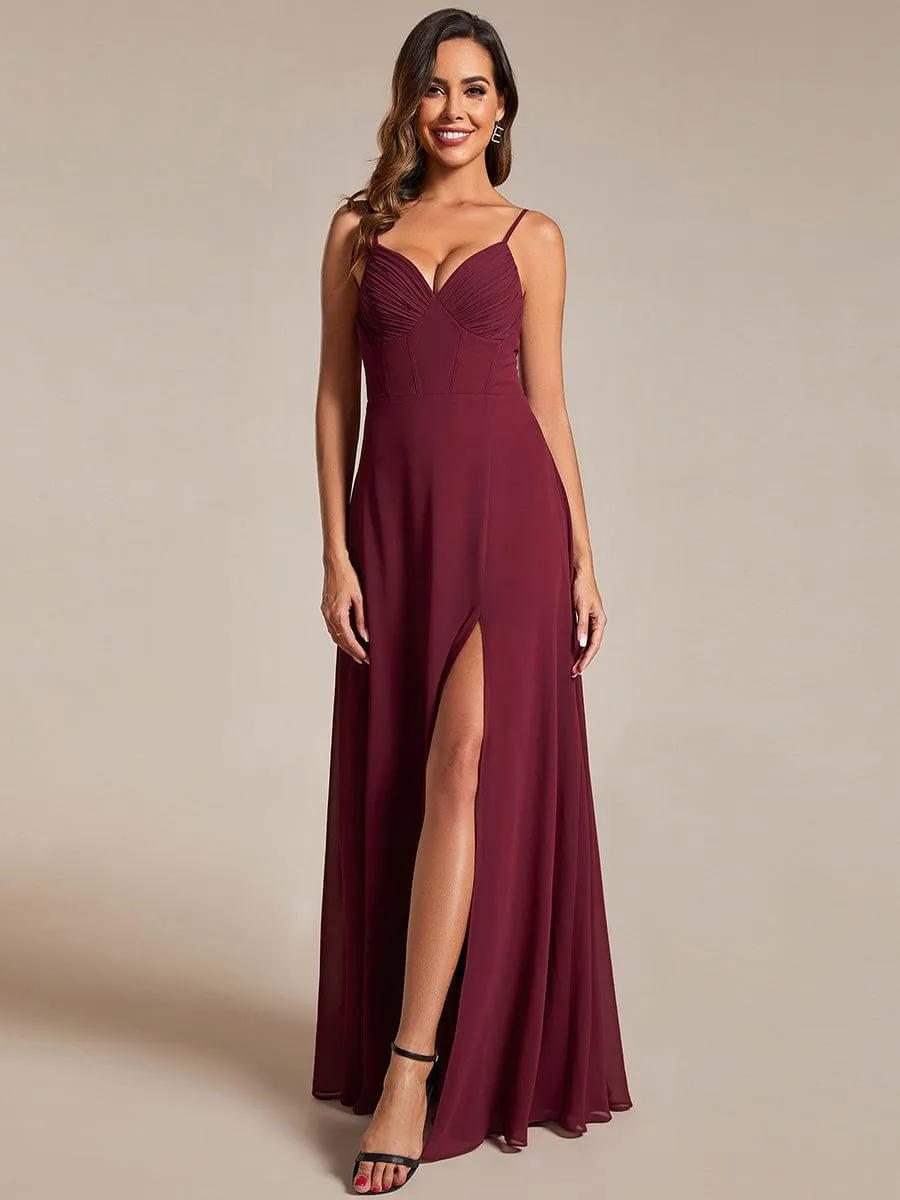 Spaghetti Strap V-Neck Chiffon Bridesmaid Dress with High Slit