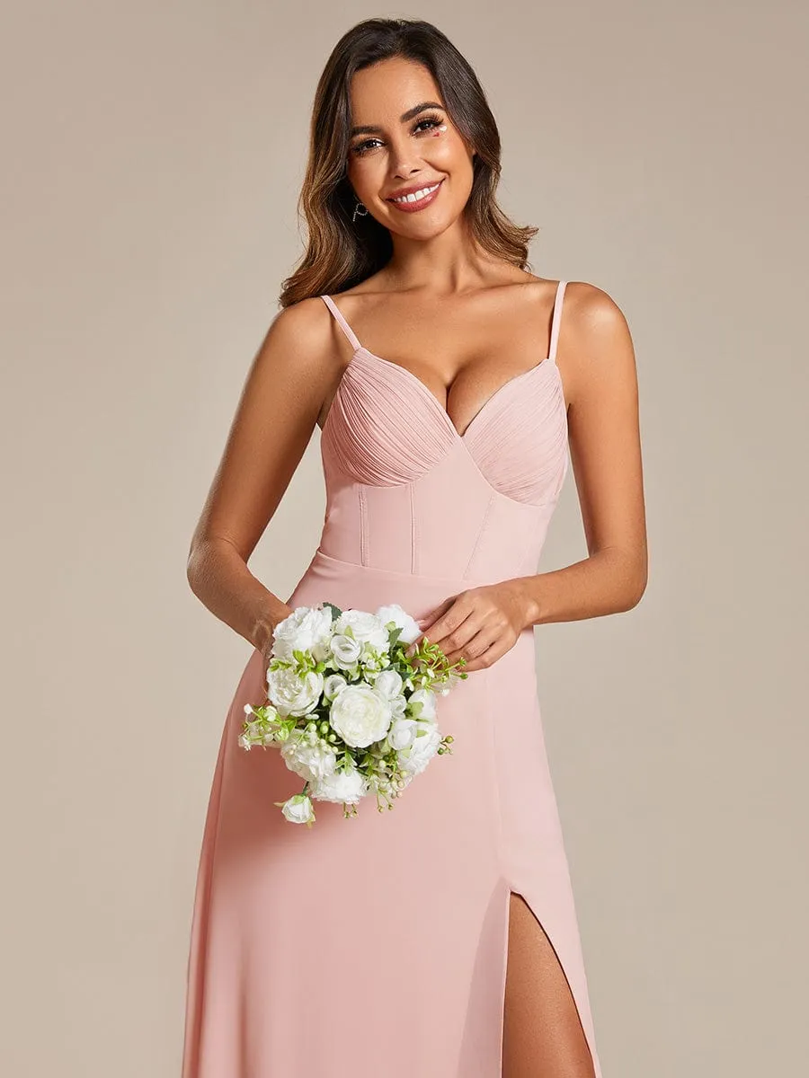 Spaghetti Strap V-Neck Chiffon Bridesmaid Dress with High Slit