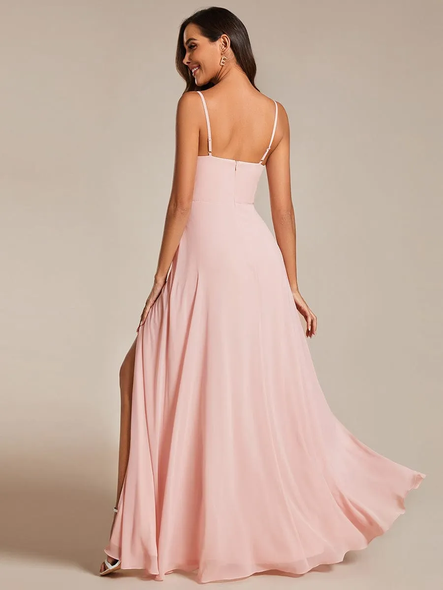 Spaghetti Strap V-Neck Chiffon Bridesmaid Dress with High Slit