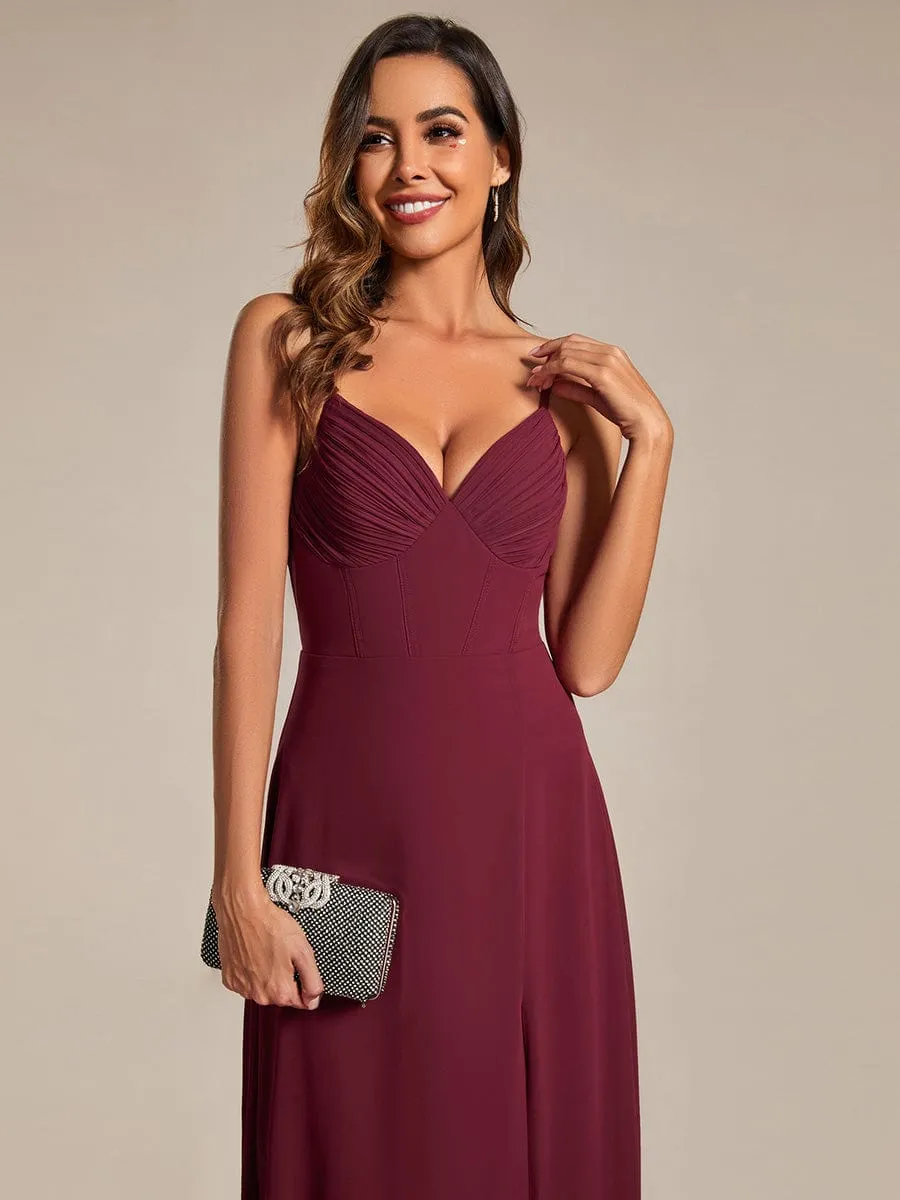 Spaghetti Strap V-Neck Chiffon Bridesmaid Dress with High Slit