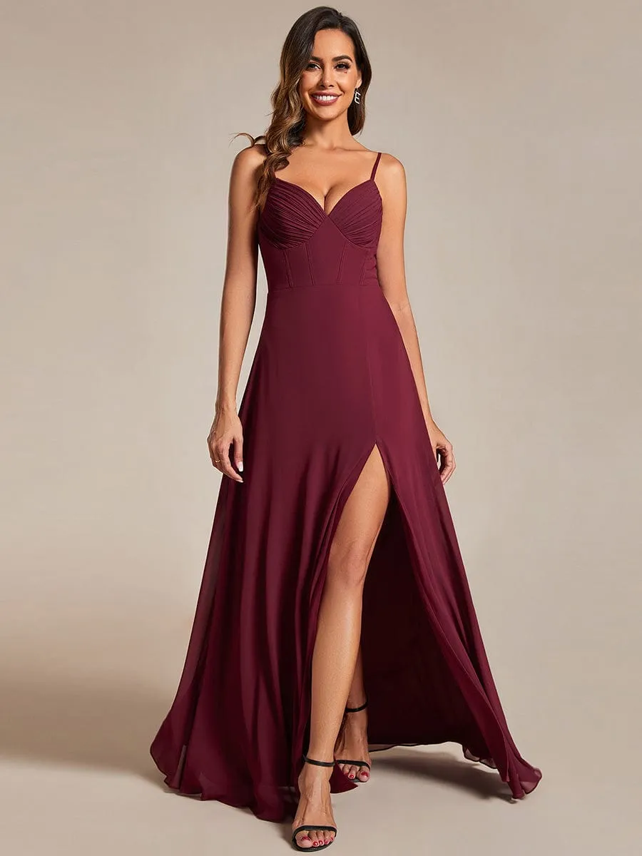 Spaghetti Strap V-Neck Chiffon Bridesmaid Dress with High Slit