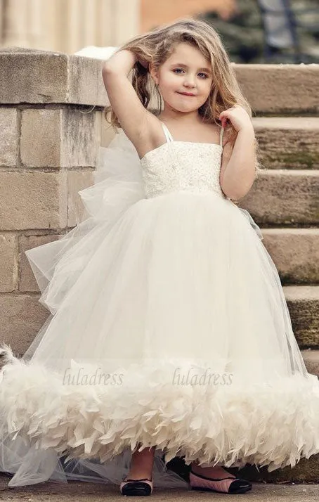 Spaghettis Tulle Feathers Cute Flower Girl Dresses Long Girl's Formal Dresses