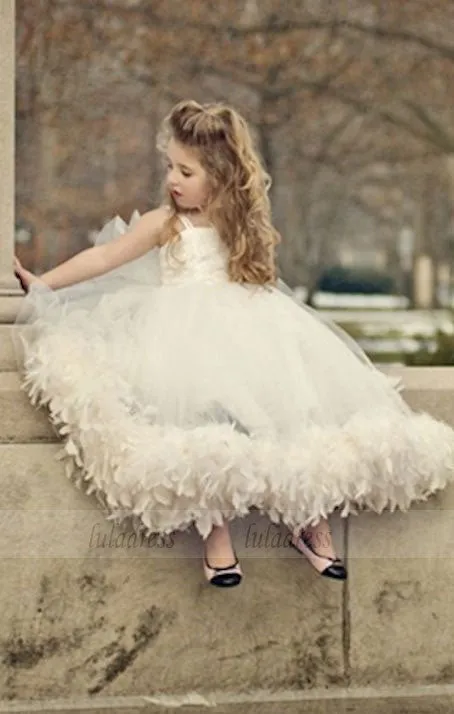 Spaghettis Tulle Feathers Cute Flower Girl Dresses Long Girl's Formal Dresses