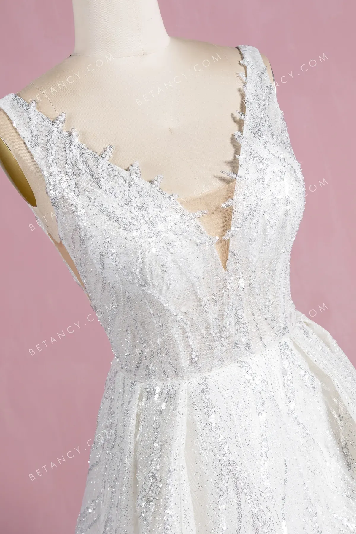 Sparkly Silver Glitter Modern Plunging Neck Bridal Gown