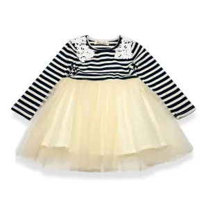 Stripy Tulle Dress with Floral Shoulder Patch