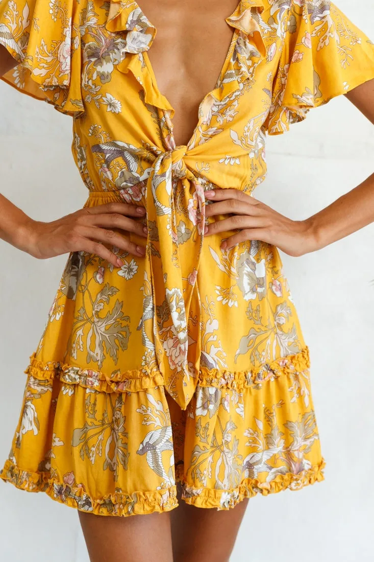 Sunny Daze Angel Sleeve Tie-Knot Bust Floral Print Dress Mustard