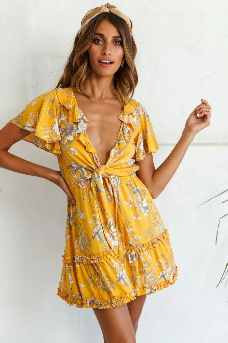 Sunny Daze Angel Sleeve Tie-Knot Bust Floral Print Dress Mustard