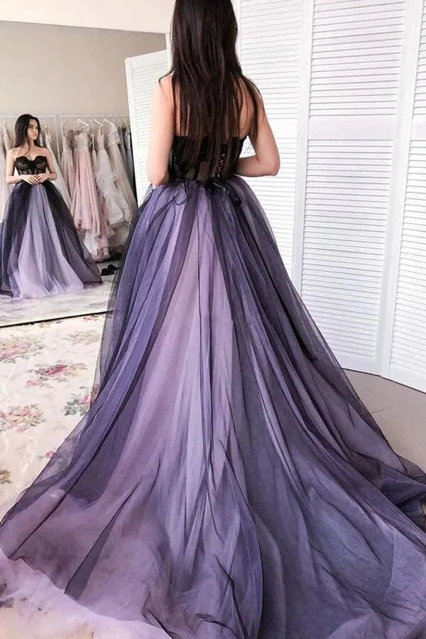 Sweetheart Lilac Black Tulle A-line Prom Dresses