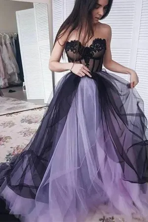 Sweetheart Lilac Black Tulle A-line Prom Dresses