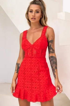 Talk About Me Thick Strap Circle Trim Lace Dress Red