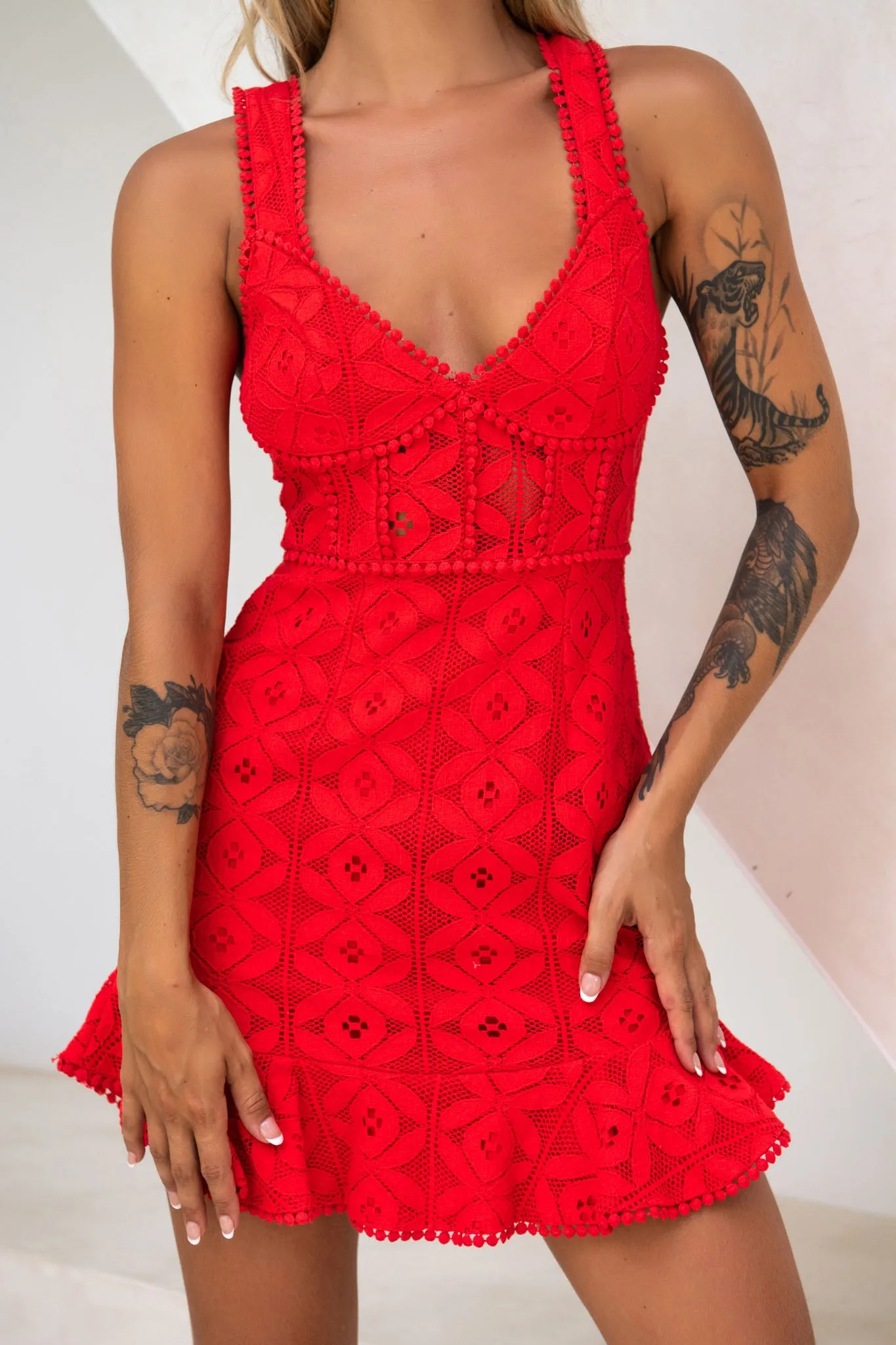 Talk About Me Thick Strap Circle Trim Lace Dress Red