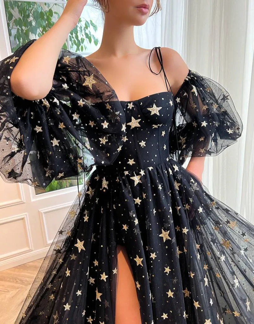 Tara | Side Slit Black Prom Dress with Stars