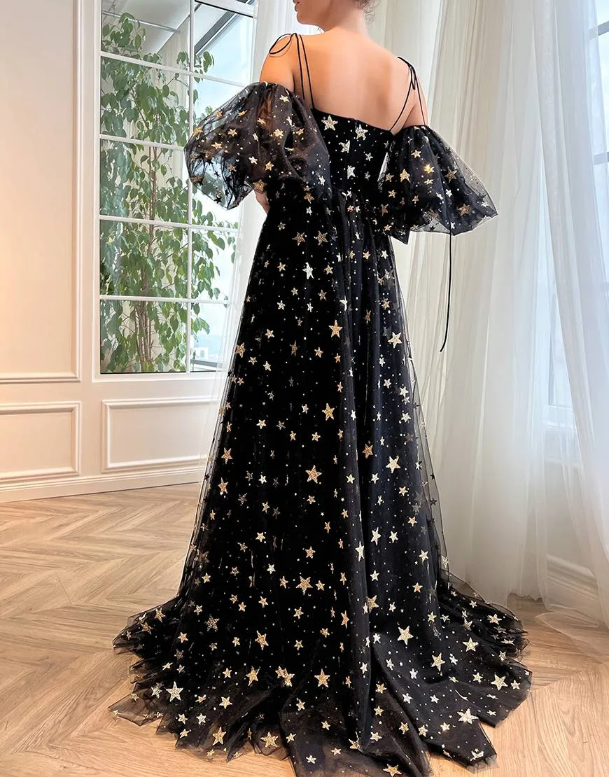 Tara | Side Slit Black Prom Dress with Stars