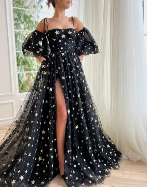 Tara | Side Slit Black Prom Dress with Stars