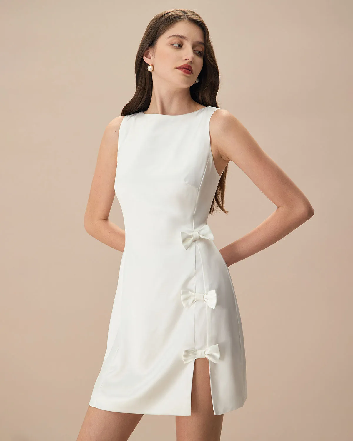 The White Boat Neck Bowknot Satin Mini Dress