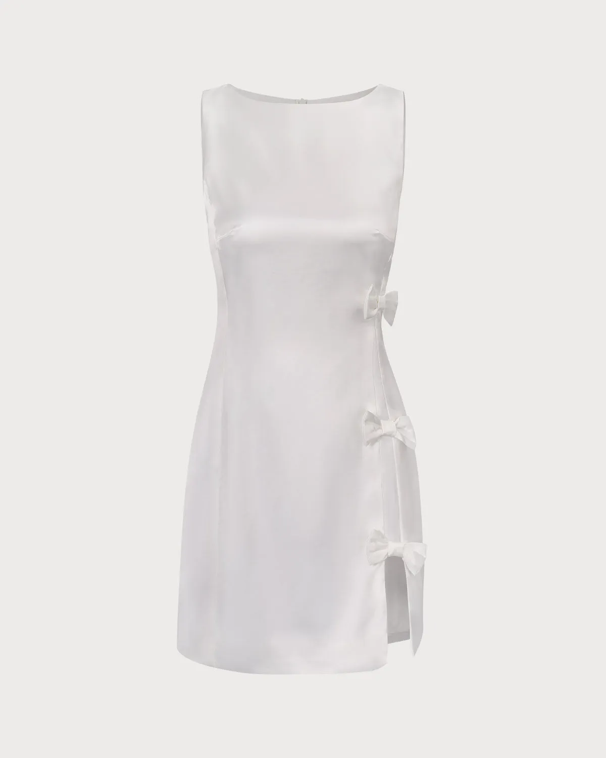 The White Boat Neck Bowknot Satin Mini Dress