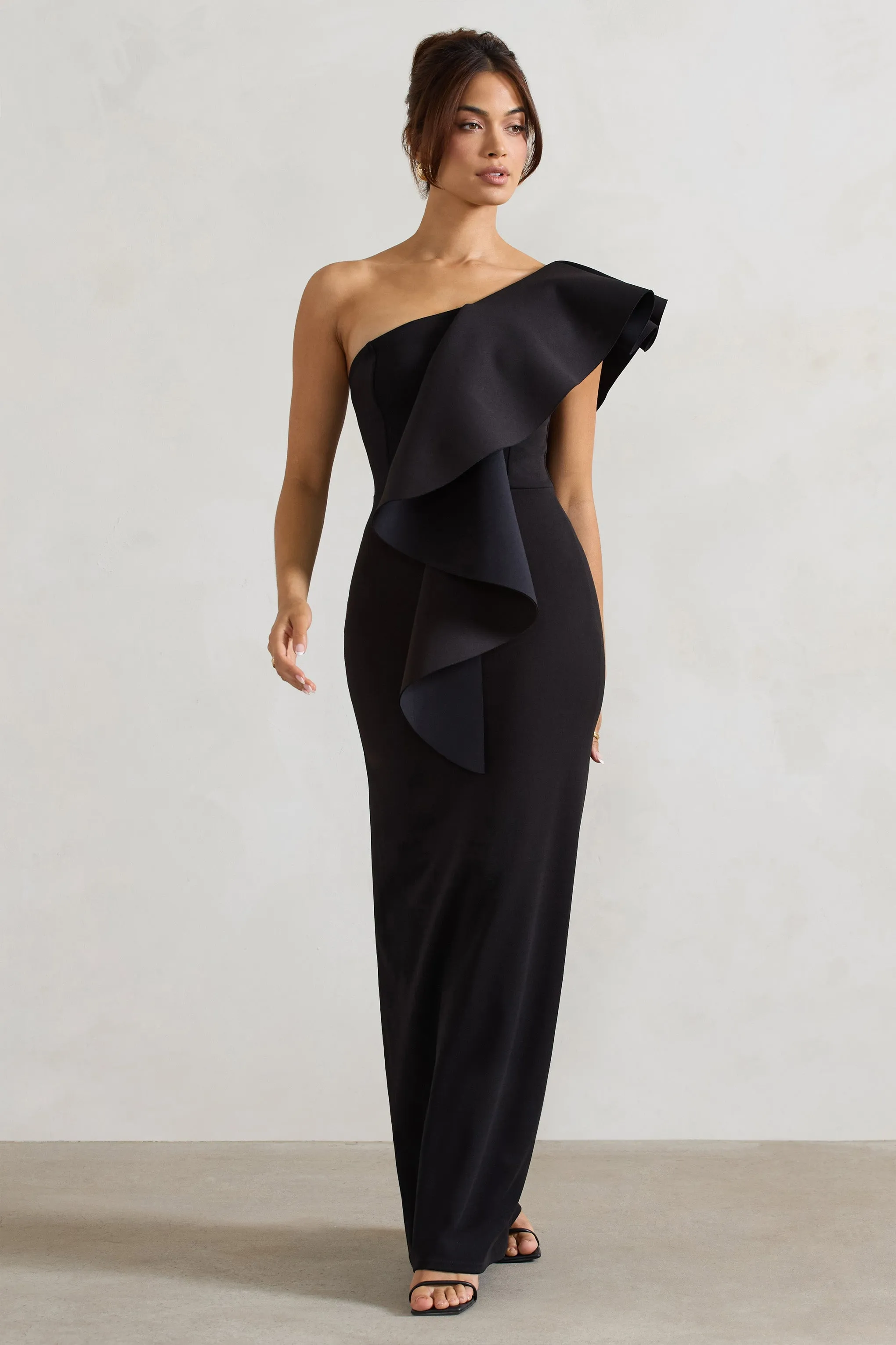 Timeless Love | Black Asymmetric Draped Ruffle Maxi Dress