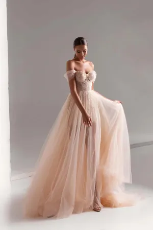 Tulle Prom Dress A-Line Long Shining Beads Prom Gown