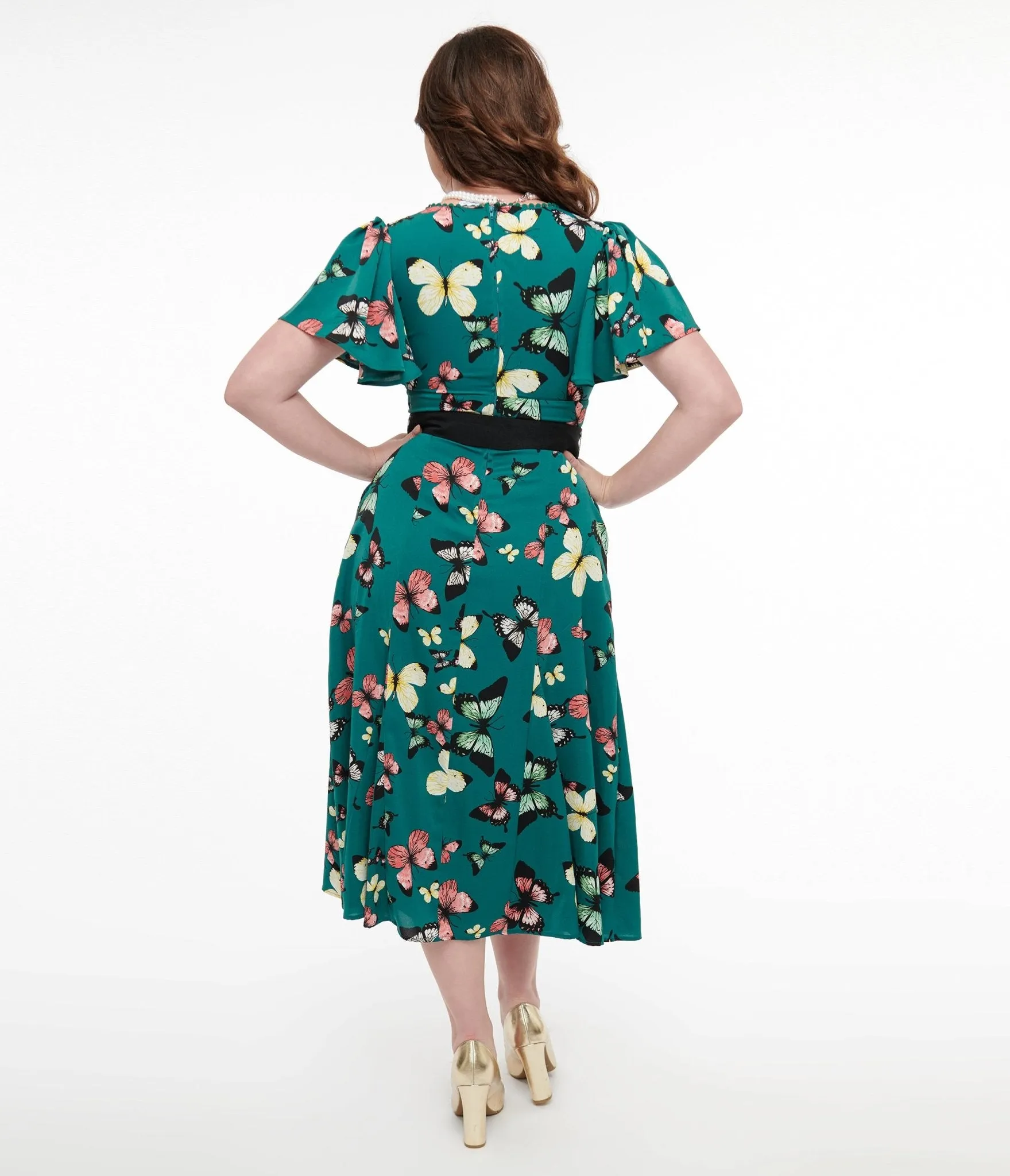 Unique Vintage 1940s Green Butterfly Print Midi Dress