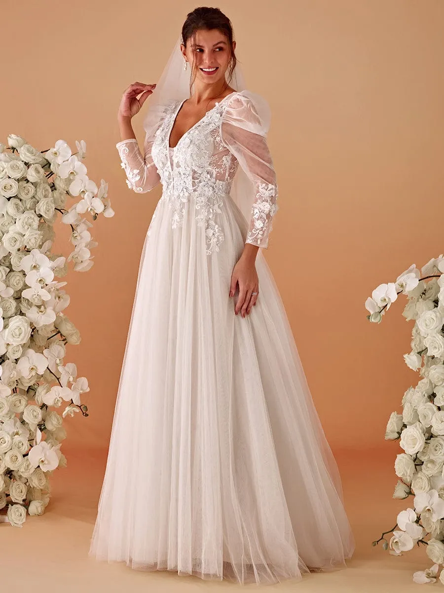 V Neck Leg of Mutton Sleeves Applique See-Through Wedding Dress