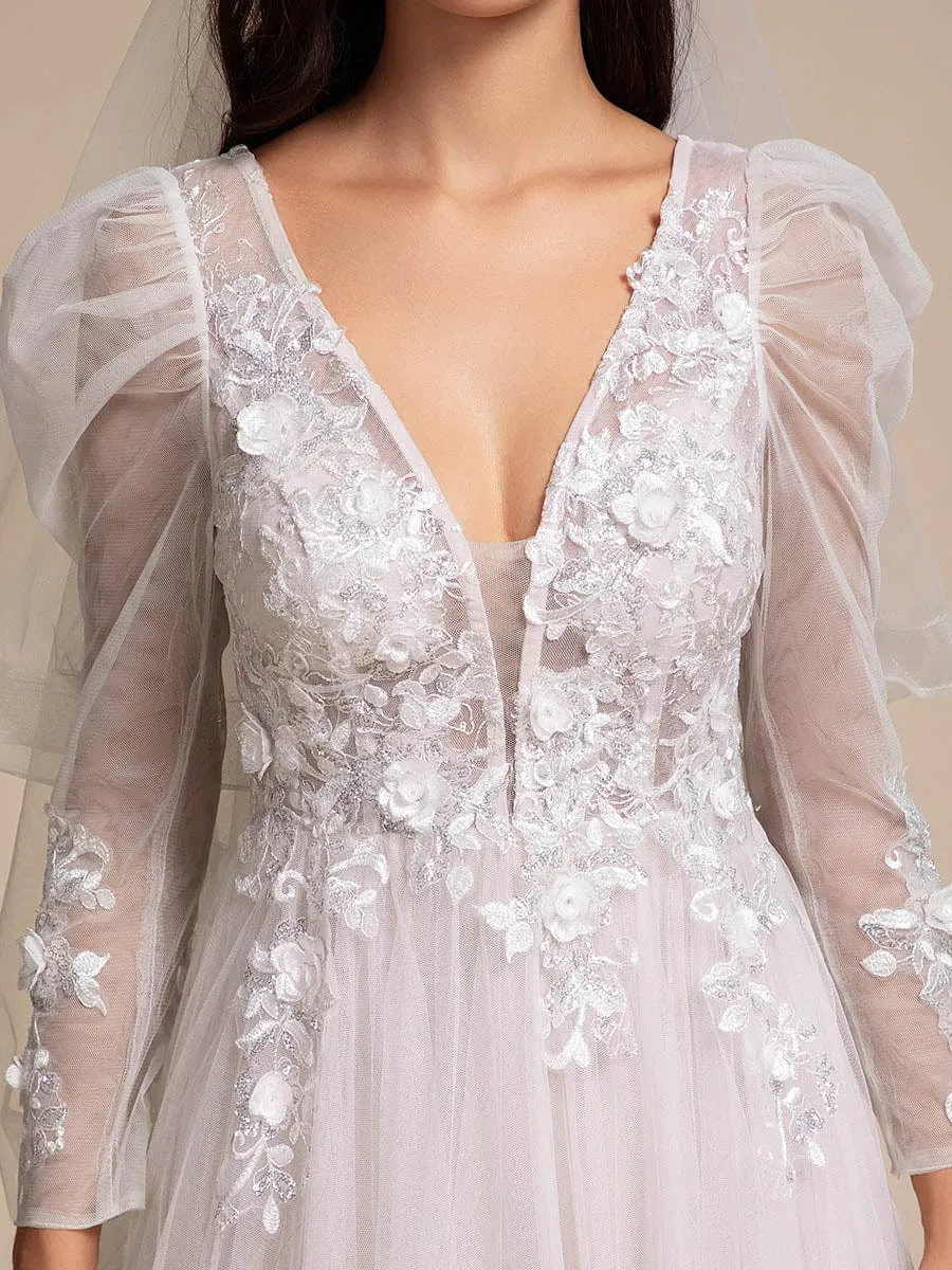 V Neck Leg of Mutton Sleeves Applique See-Through Wedding Dress