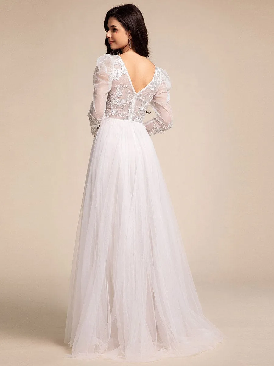 V Neck Leg of Mutton Sleeves Applique See-Through Wedding Dress