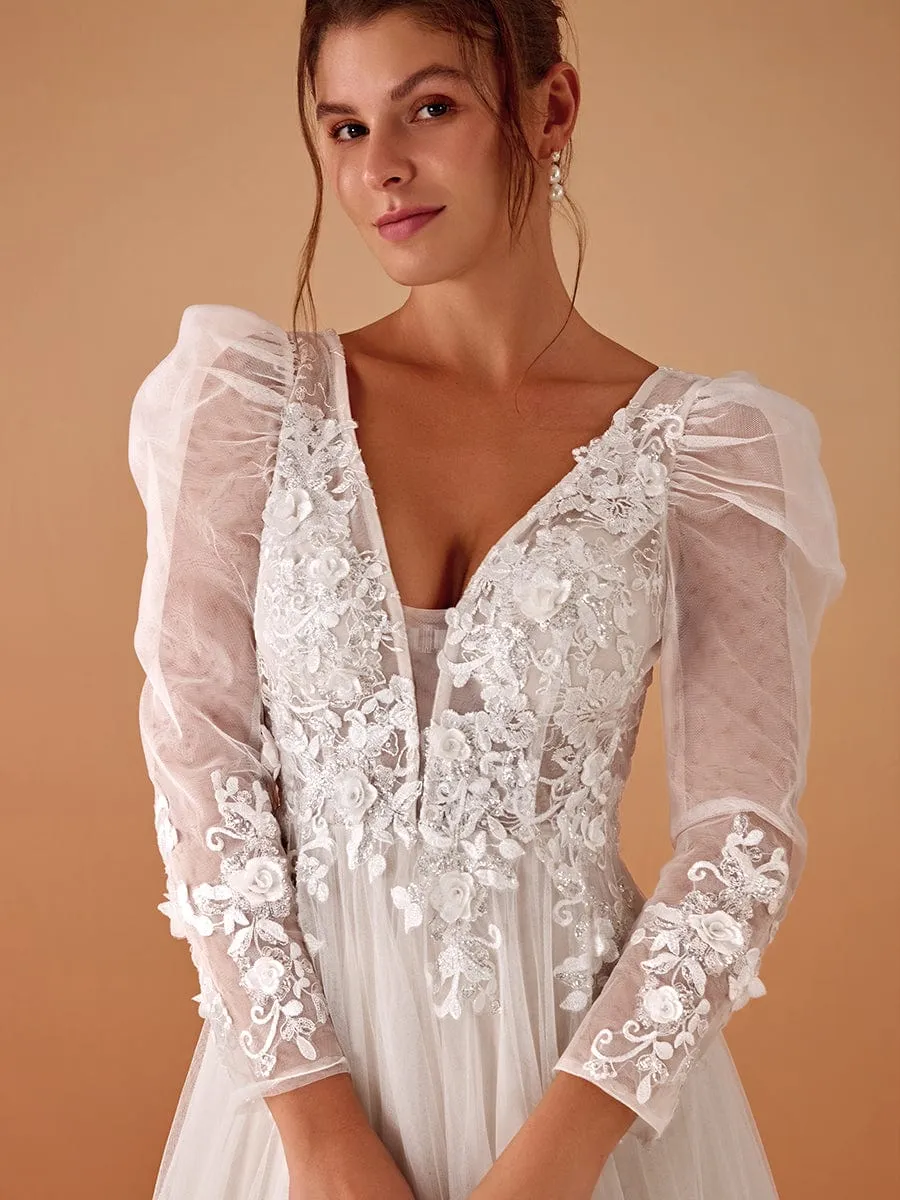 V Neck Leg of Mutton Sleeves Applique See-Through Wedding Dress