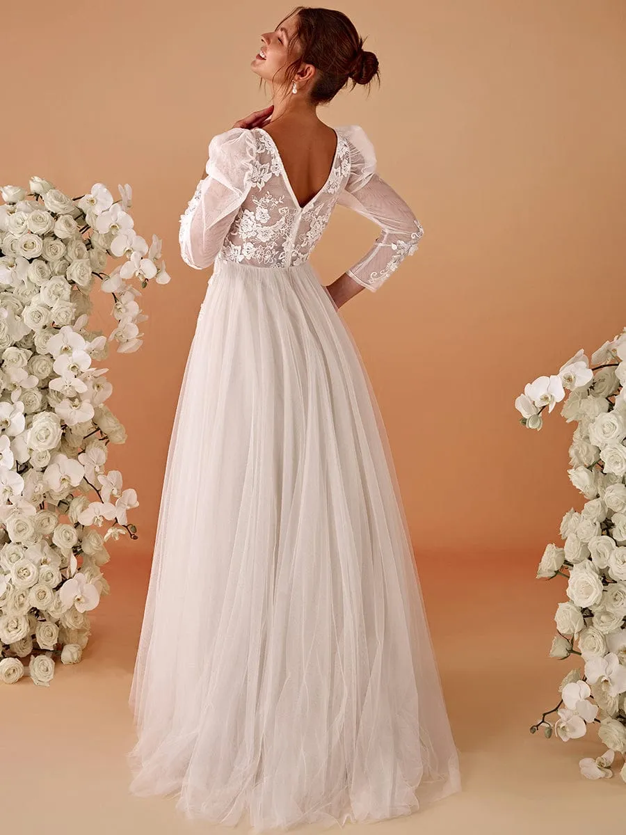 V Neck Leg of Mutton Sleeves Applique See-Through Wedding Dress